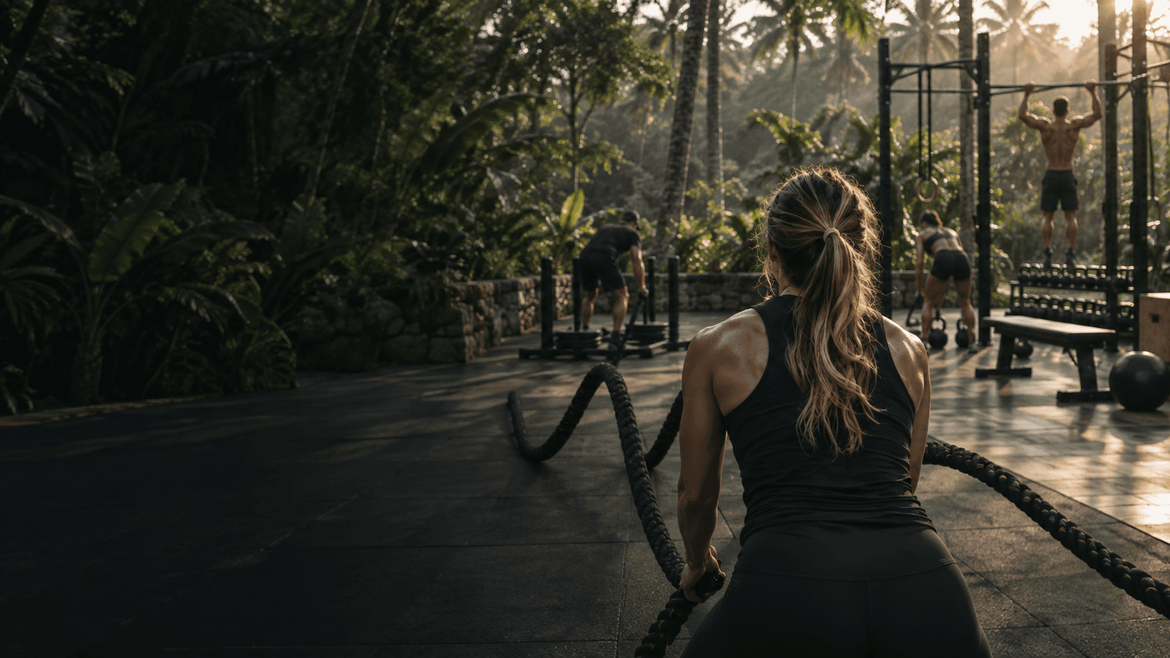 Une athlète, de dos, fait onduler des cordes lourdes sur un plateau d’entraînement en pleine jungle, pendant que d’autres s’entraînent au traîneau, aux tractions et aux kettlebells