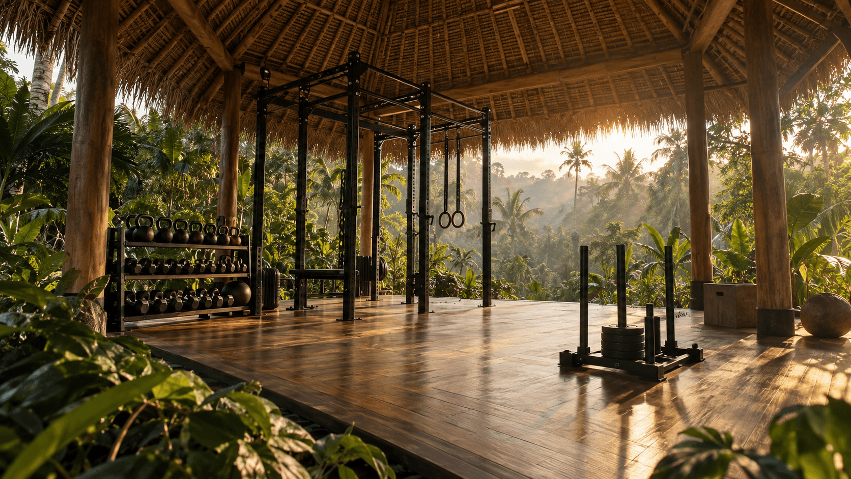 Pavillon au toit de chaume avec un rack, des anneaux, des kettlebells et un traîneau sur un plancher en bois, face à la jungle au lever du soleil