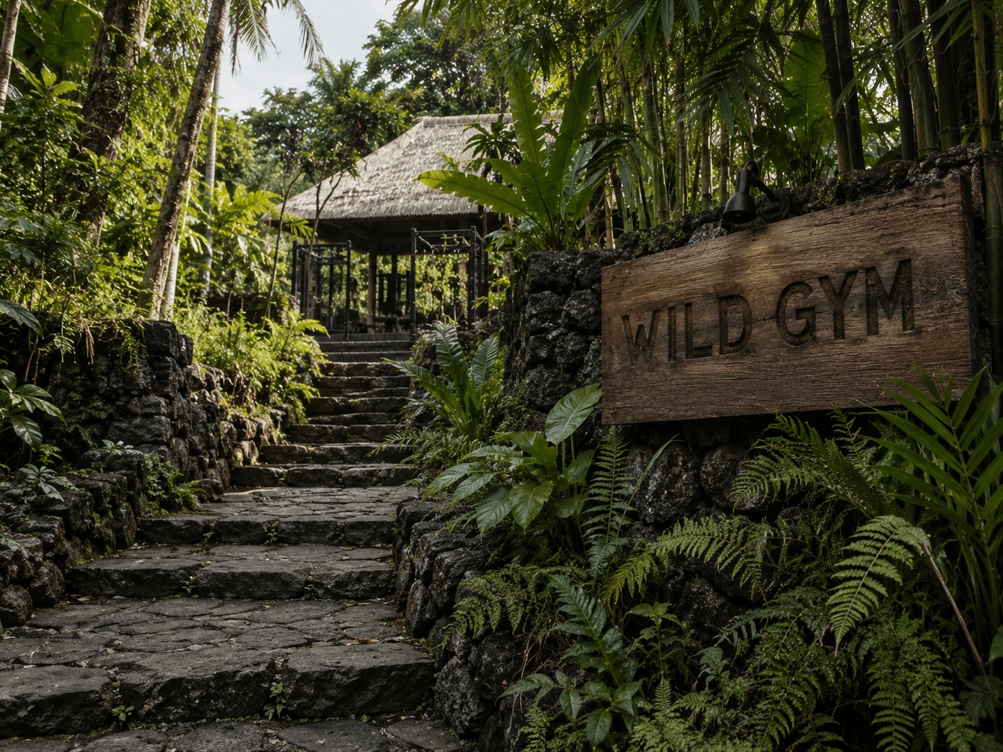 Enseigne en bois WILD GYM fixée à un mur de pierre volcanique, au pied d’un escalier qui mène au pavillon