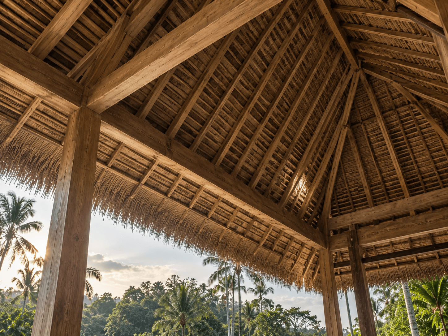 Charpente en bois clair et toit de chaume du pavillon, vus d’en dessous avec des palmiers en fond