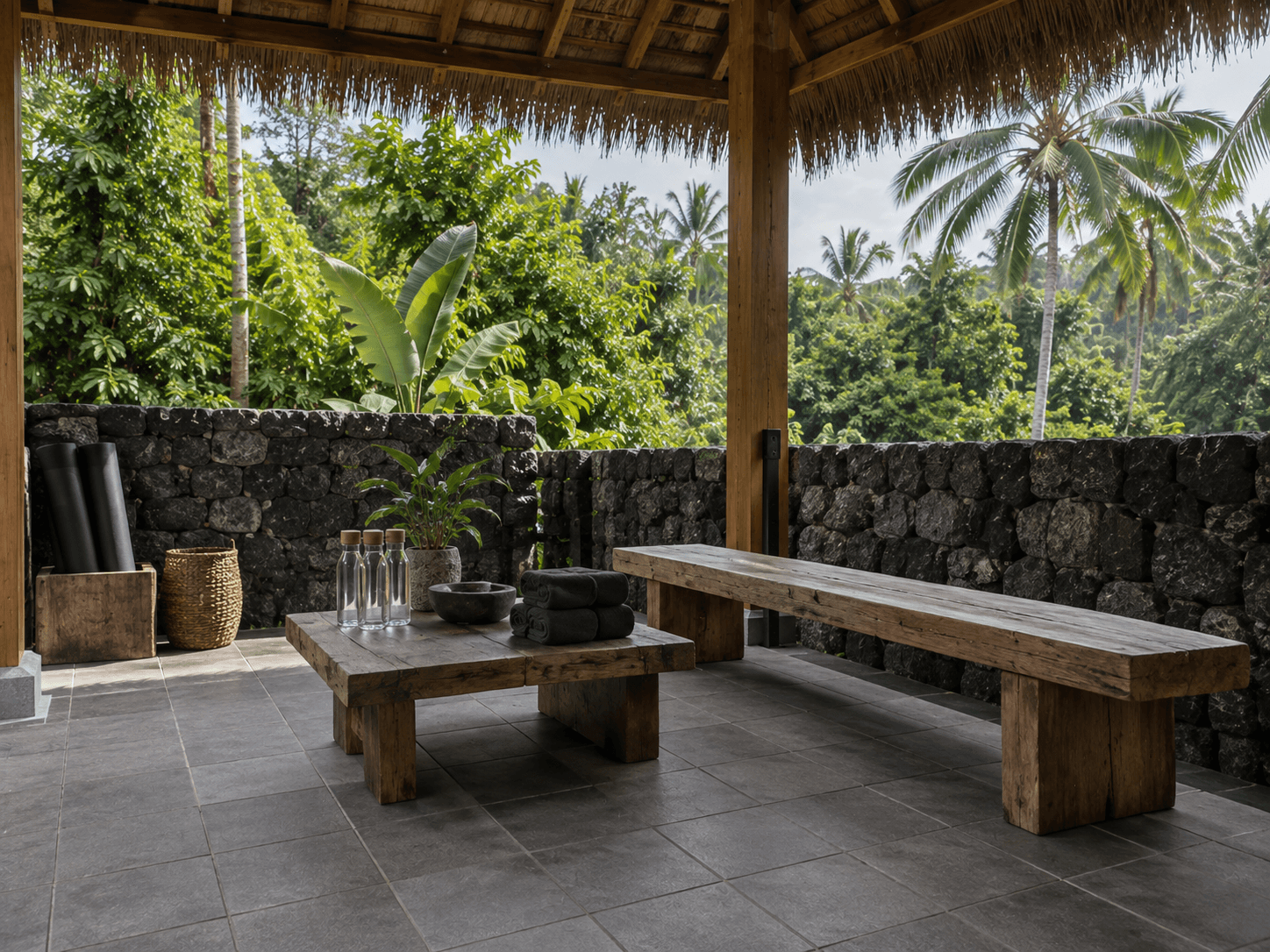 Espace de repos sous le pavillon : table basse et banc en bois massif, mur de pierre noire, tapis et gourdes